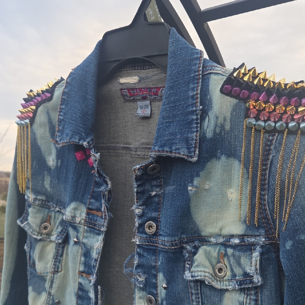 Levi's Distressed Blue Denim Jacket with Gold and Purple Studs